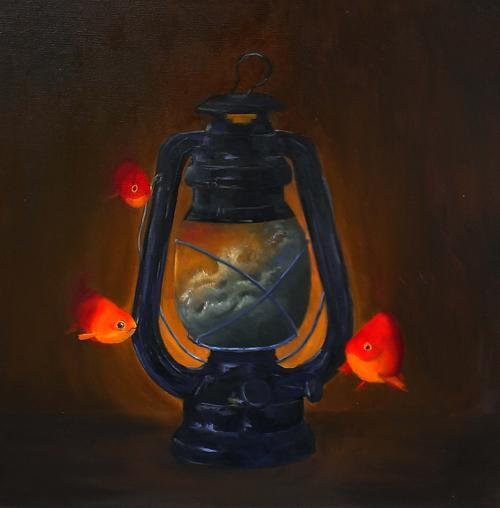 Hurricane Lamp - little fish circle the storm contained in the hurricane lamp. Felicity Smith Fine Art
SOLD