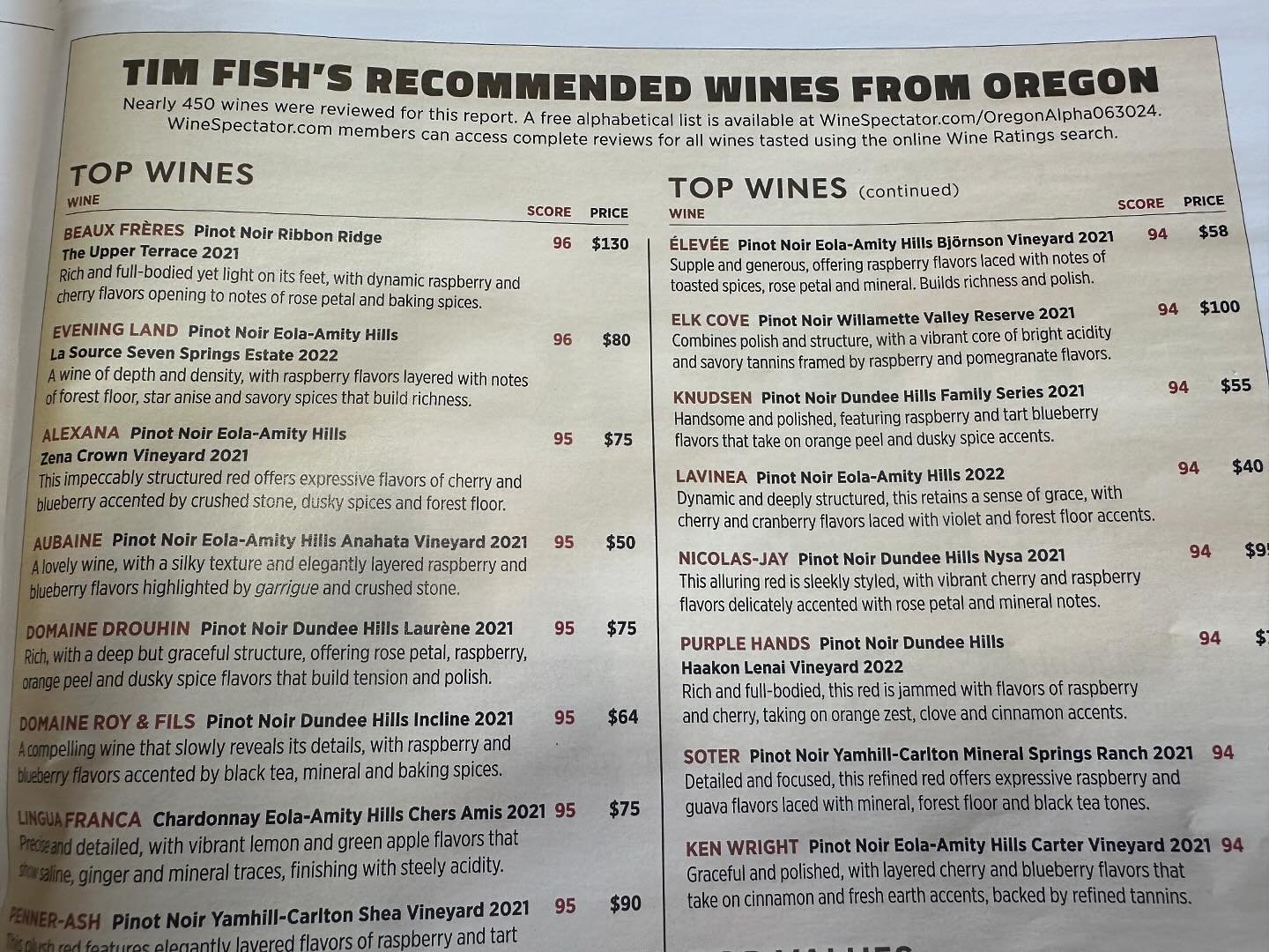 Thank you @timfish_wine and @wine_spectator for recognizing @purple.hands.winery 2022 Haakon Lenai vineyard designated Pinot noir as one of the top recommended wines from Oregon.