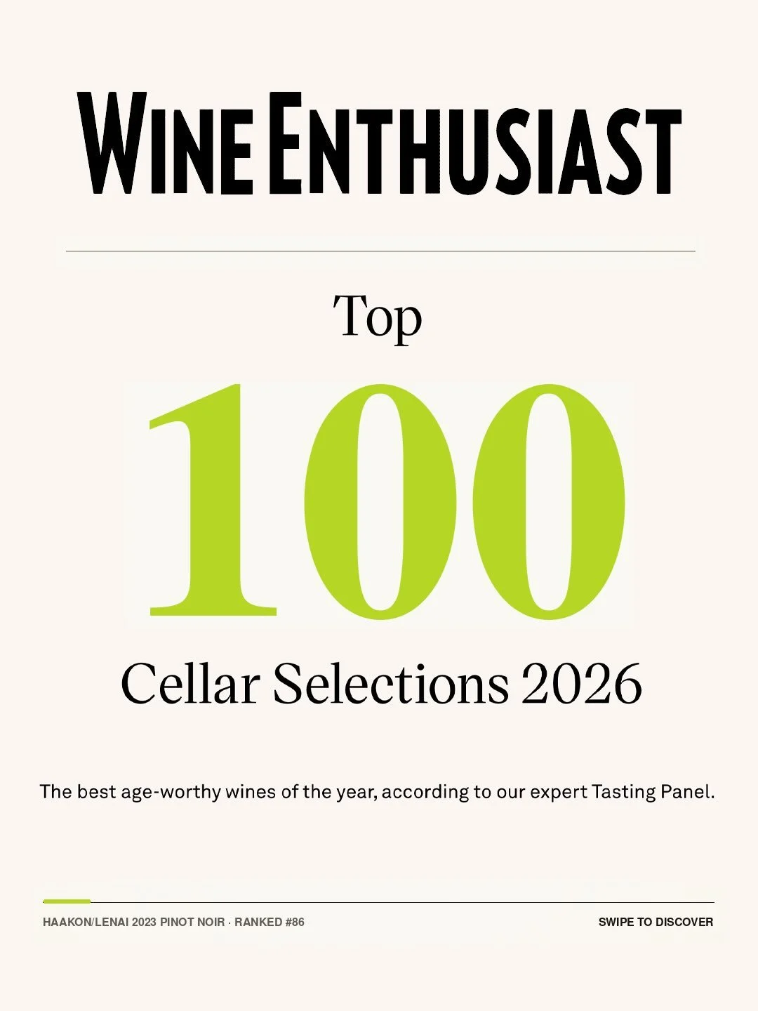 We&rsquo;re honored to have our 2023 Haakon/Lenai Winery Pinot Noir named No. 86 in Wine Enthusiast&rsquo;s Top 100 Cellar Selections of 2026, with a score of 94 points. 

A heartfelt thank you to @michaelalberty1066 for his thoughtful review and to 