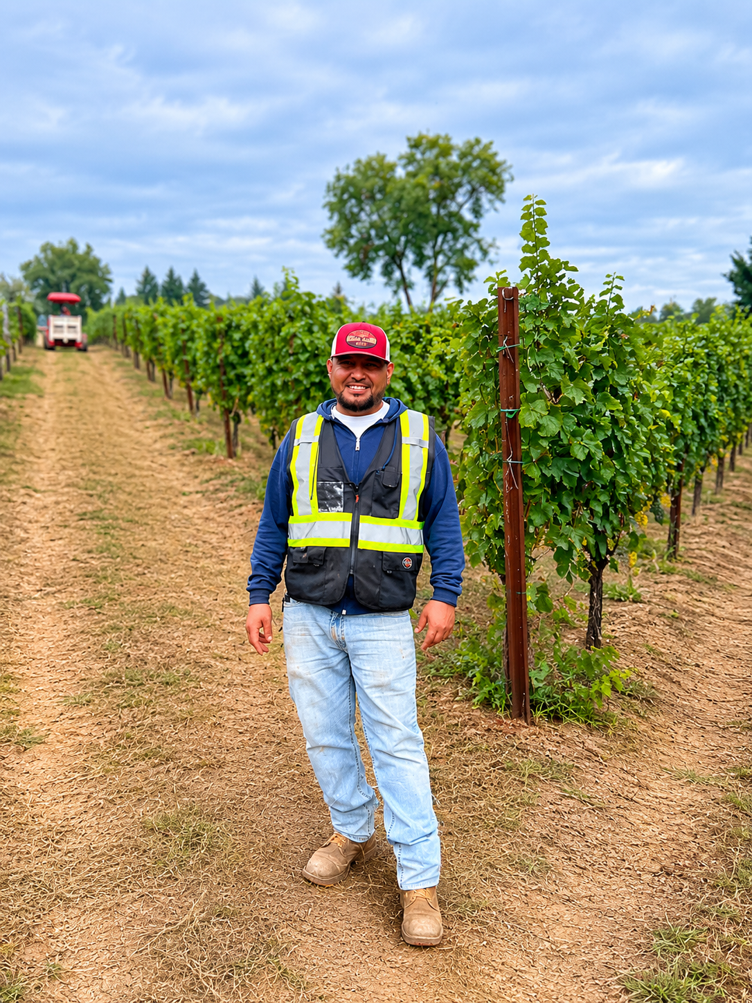 Man in a reflective safety vest standing in a vineyard with grapevines.