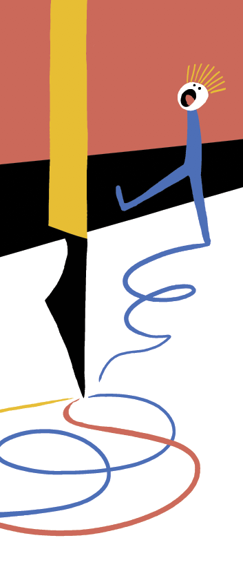 A cartoon person with spiky hair appears to be falling from a ledge, with a surprised or scared expression, and a long, wavy line descending below.