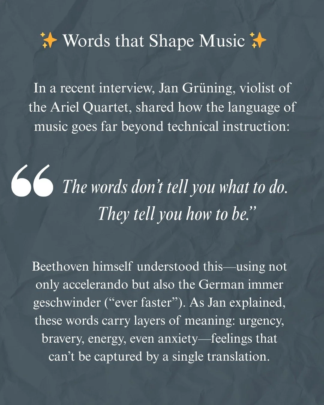 MKI in the News: Jan Gr&uuml;ning of the Ariel Quartet shares beautiful contributions on the language of music. Read the full New York Times article at the link in bio!