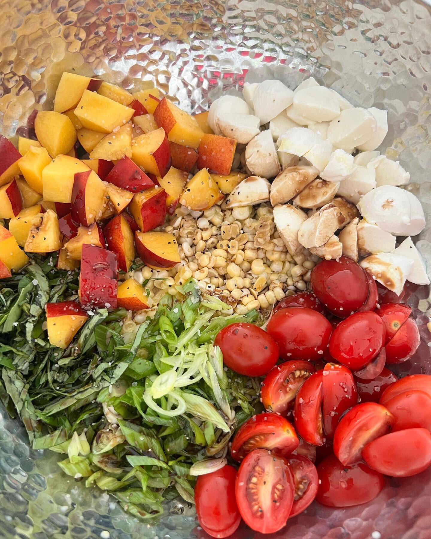 A Month of Cooking- Hamptons Edition: corn salad, Greek chicken with orzo, raspberry rhubarb galette, peach caprese salad, sprouted broccoli w/ shallots, chicken with white wine, pesto, &amp; peaches, Sungold tomato sauce w/ fresh mozzarella, FBBE pe