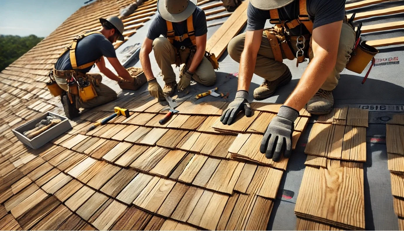 The roofing team is installing Cedar Shake Shingles on a residential roof
