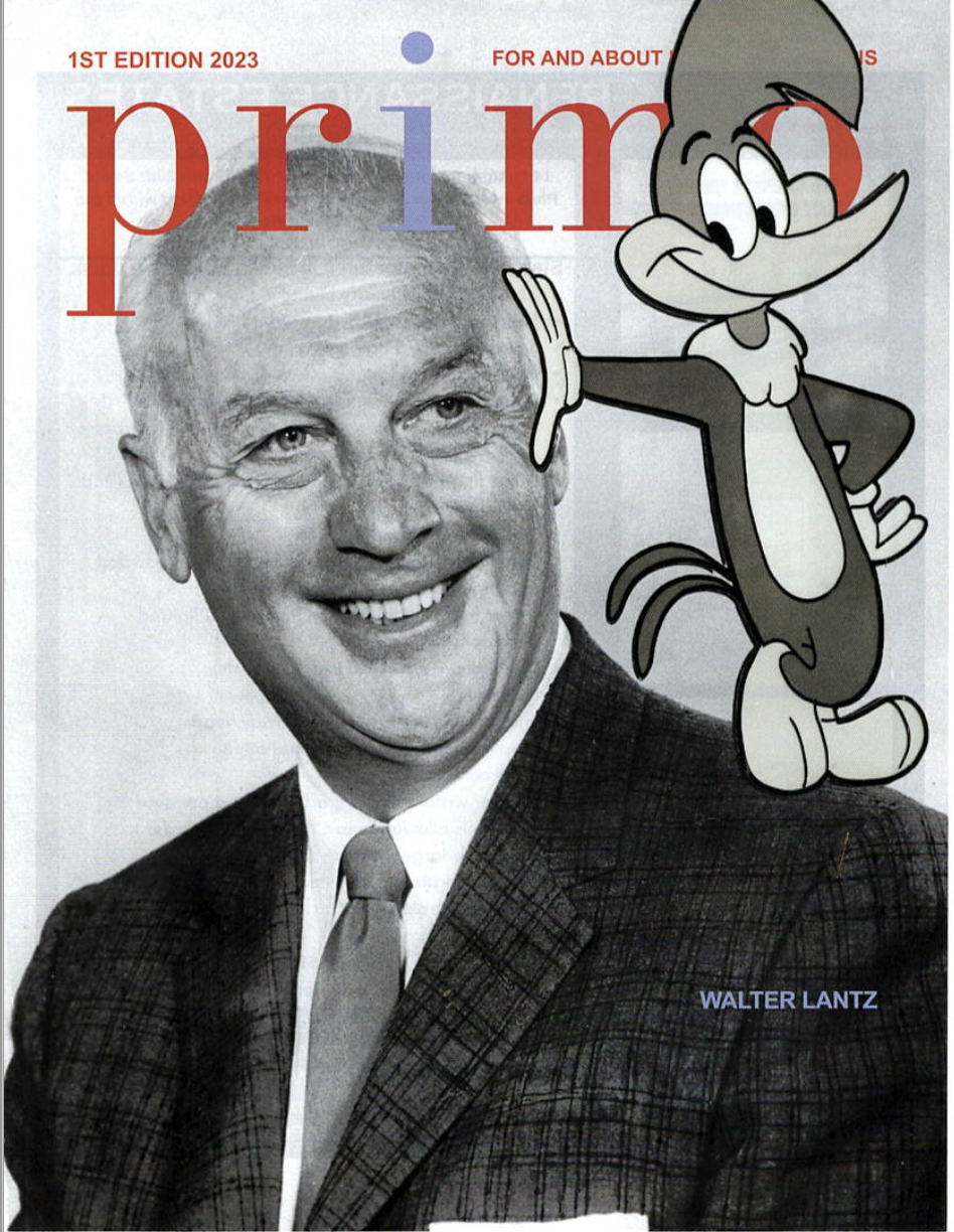Primo Cover 2023 edition with praise for The Italian Prisoner. The cover shows a man in black and white with a cartoon bird on his shoulder.