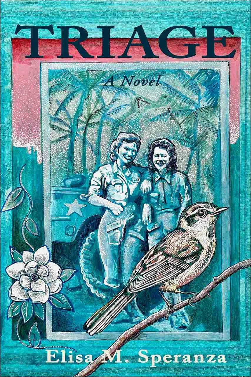 TRIAGE the book by Elisa Speranza cover with 2 women, a jeep in the background, and a bird in the foreground.