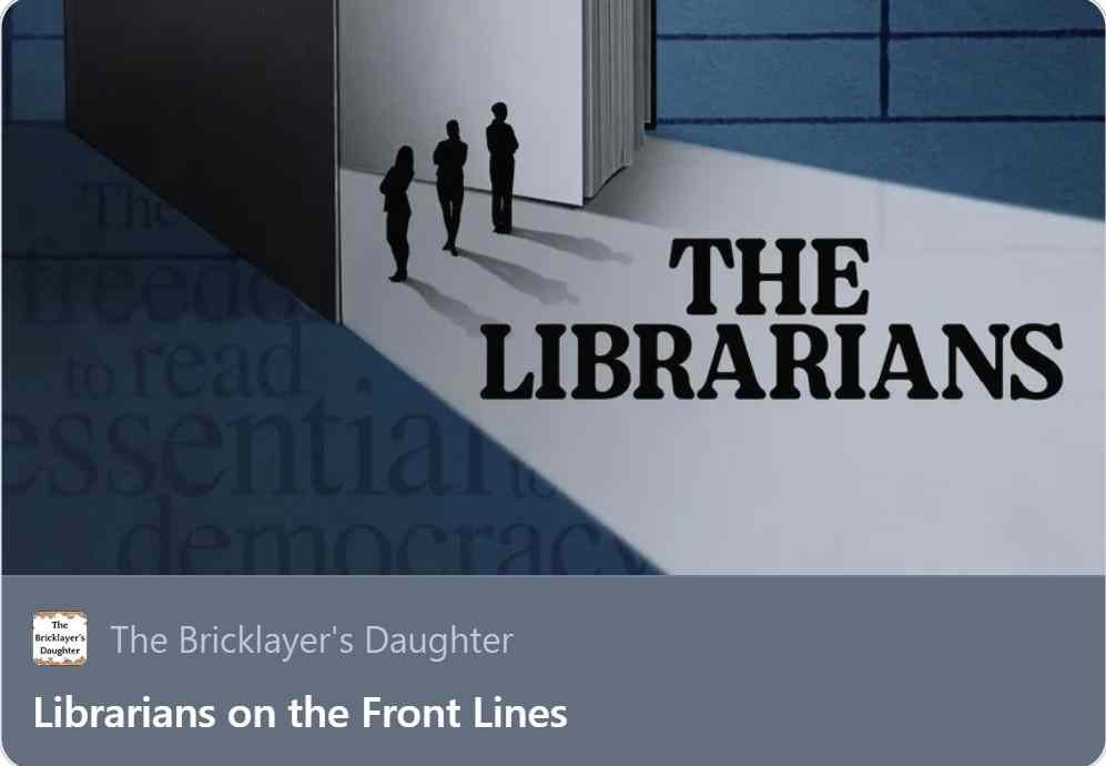 Librarians on the Front Lines Substack Article. An open book with three silhouette's and the words "The Librarians".