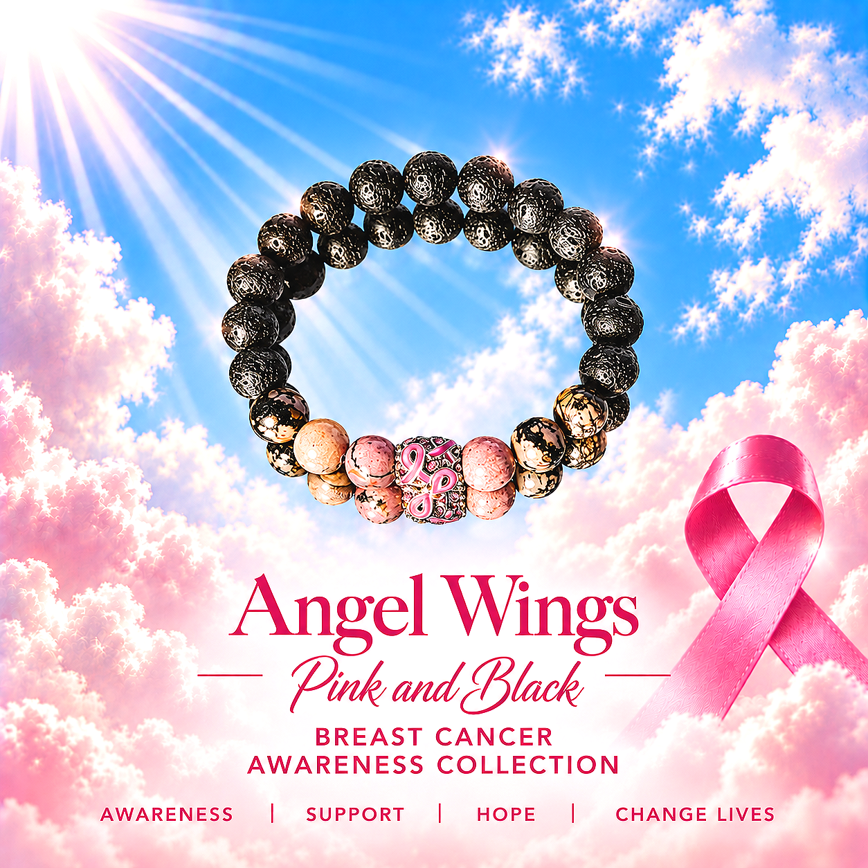 Angel Wings - Breast Cancer - Pink and Black