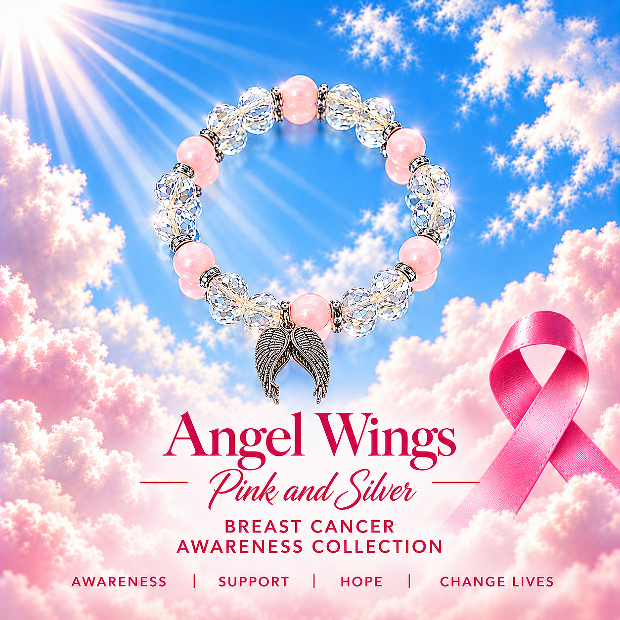 Angel Wings - Breast Cancer - Pink and Silver