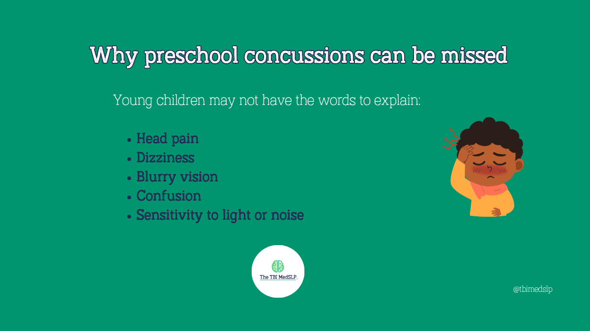 blog image graphic with bullet points explaining what symptoms and changes to look for in a preschool child after a concussion