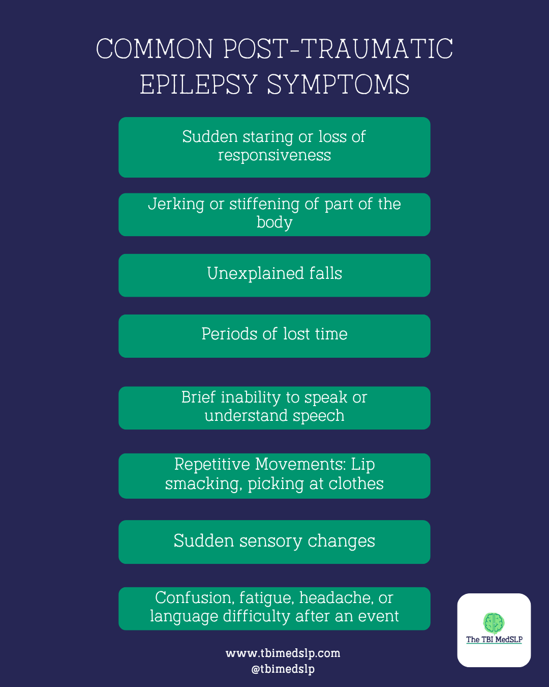 blog graphic list of common post-traumatic epilepsy symptoms