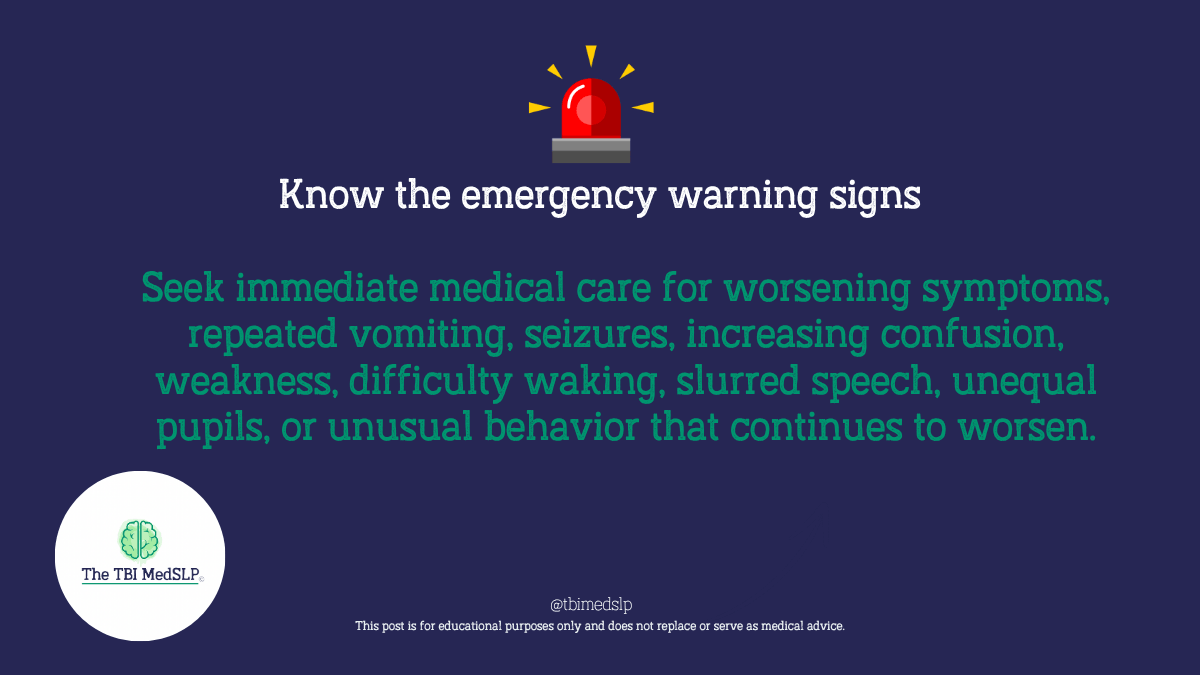 blog image graphic with text explaining when to seek medical care and emergency warning signs of preschool aged concussions