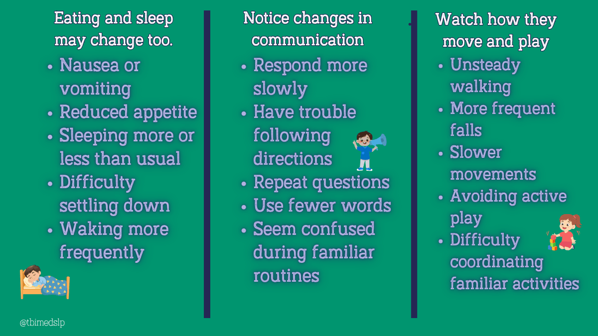 blog image graphic explaining with text preschooler concussion symptoms and changes with eating, sleep, communication, movement, and play