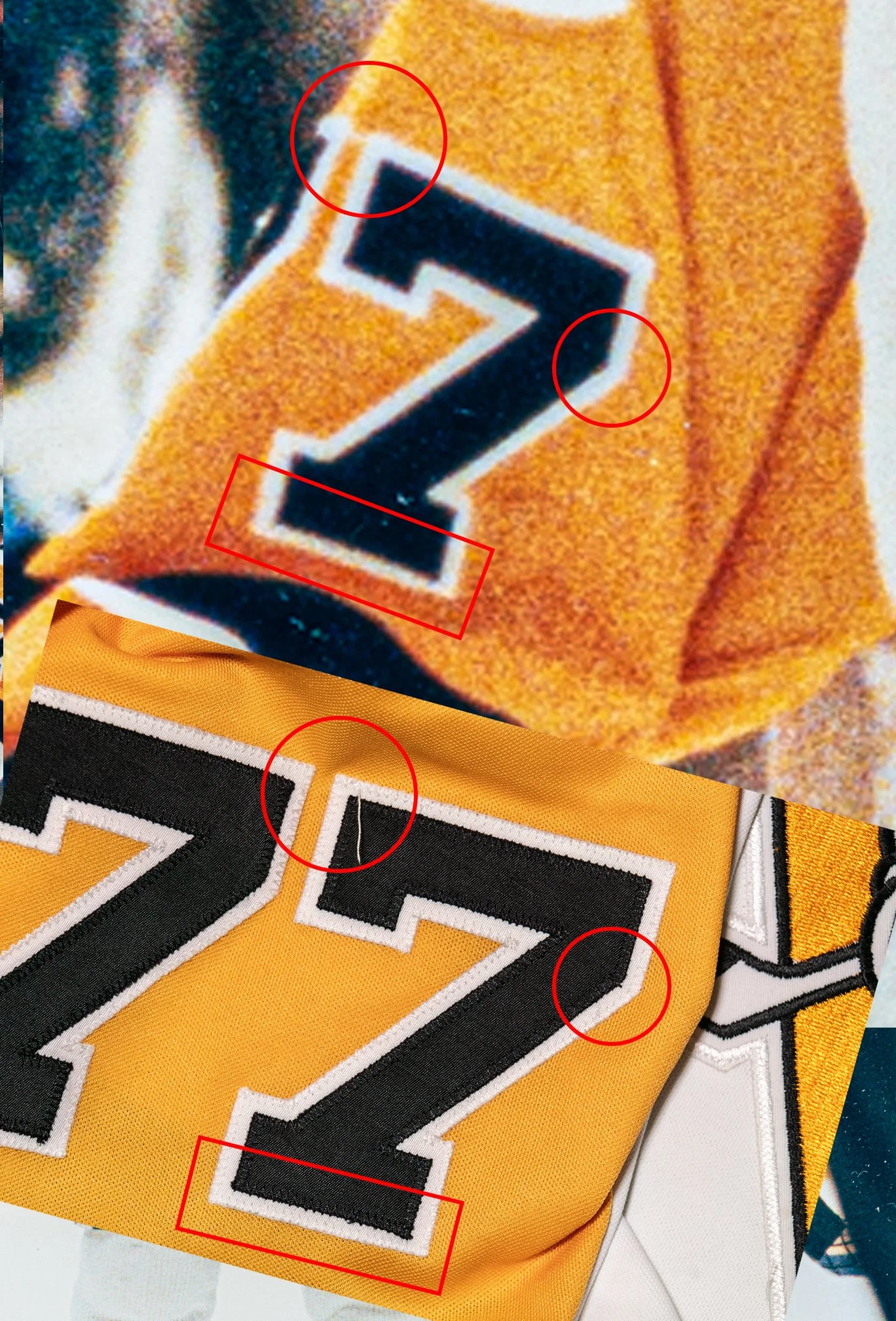 A loose thread on the upper left, some extra sewing on the right, and an uneven hand-cut black 7 match up very well