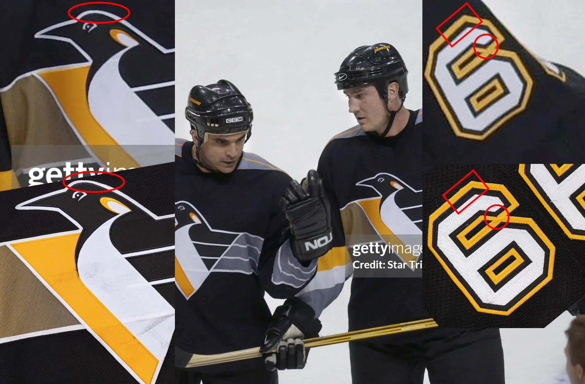 The top of the crest is flattened, most easily seen by the white outline becoming more thin, and yellow & black sewing anomalies on the 6 line up exactly. (2-11 vs Min)