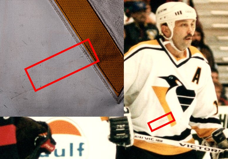 In this photo from a game vs the Senators, a diagonal mark near the crest can barely be made out.