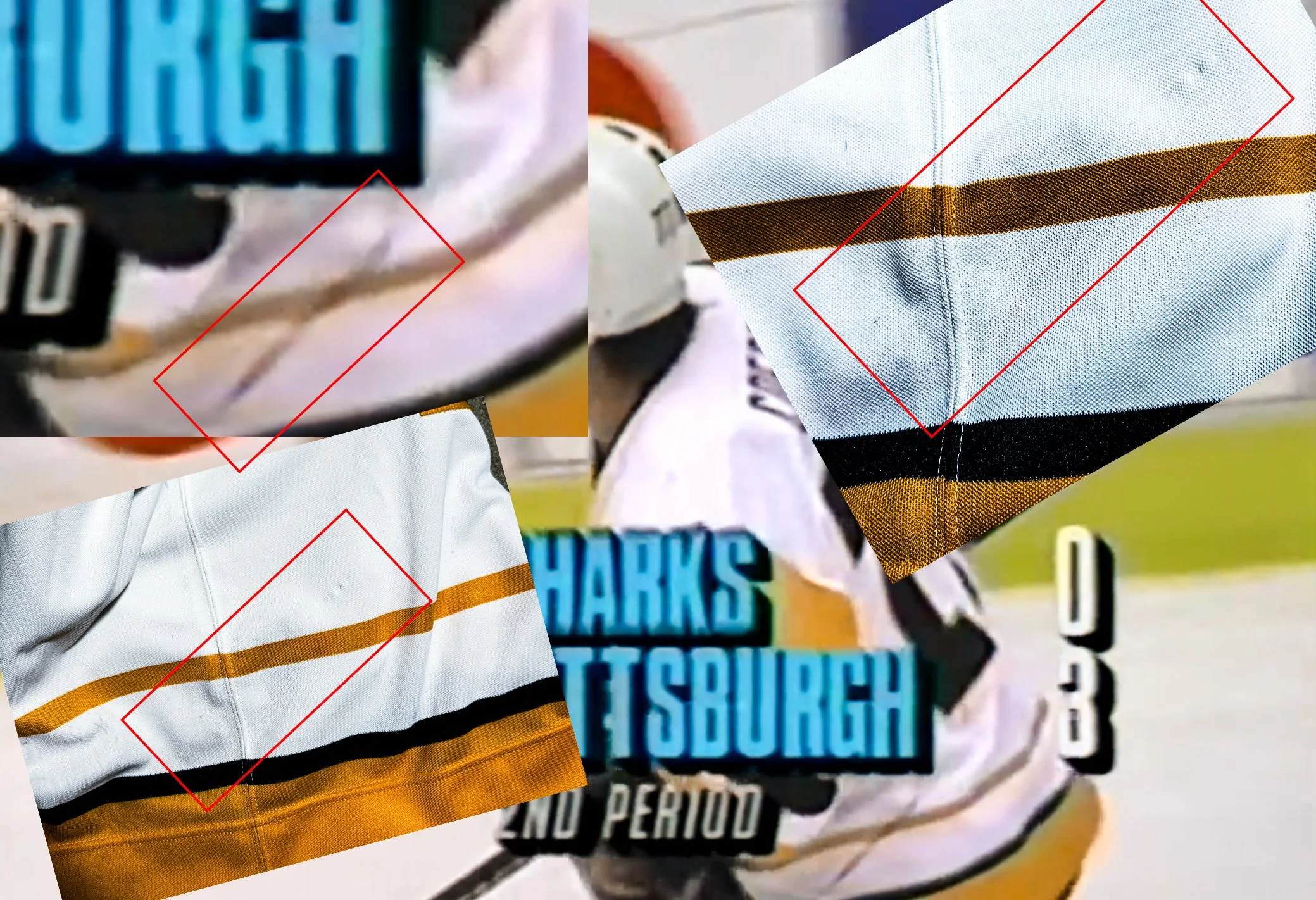 As Coffey turns around, you can see a thick black stick mark. At first I assumed the jerseys couldn't be the same, but upon further inspection, evidence of the mark can clearly be seen in the exact same location. I've been told trainers scrubbed out 
