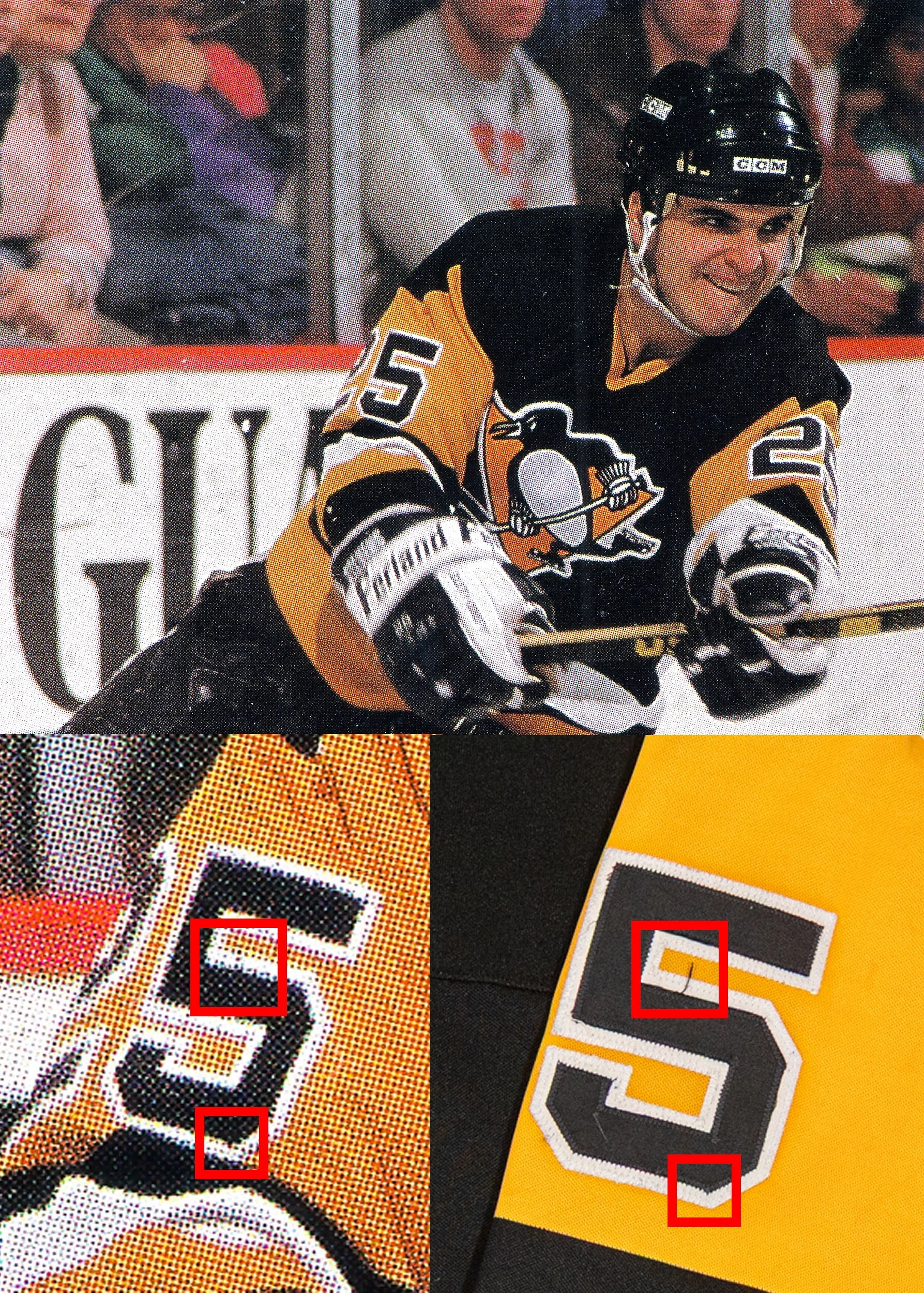 A loose thread on the #5, and some sewing anomalies are present on this card match.