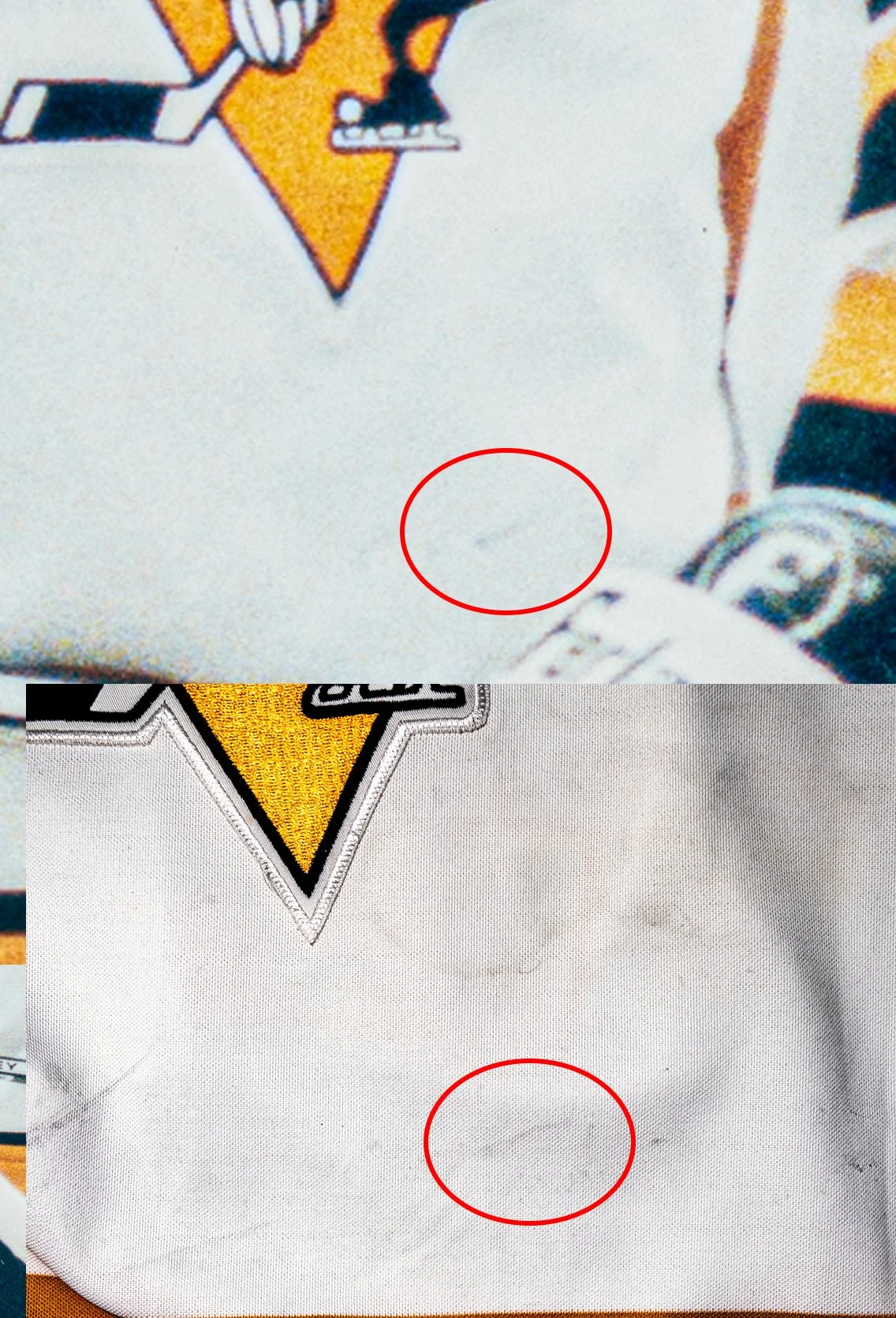 A diagonal stick mark on the front of the jersey matches a photo of Coffey chatting with Peter Taglianetti