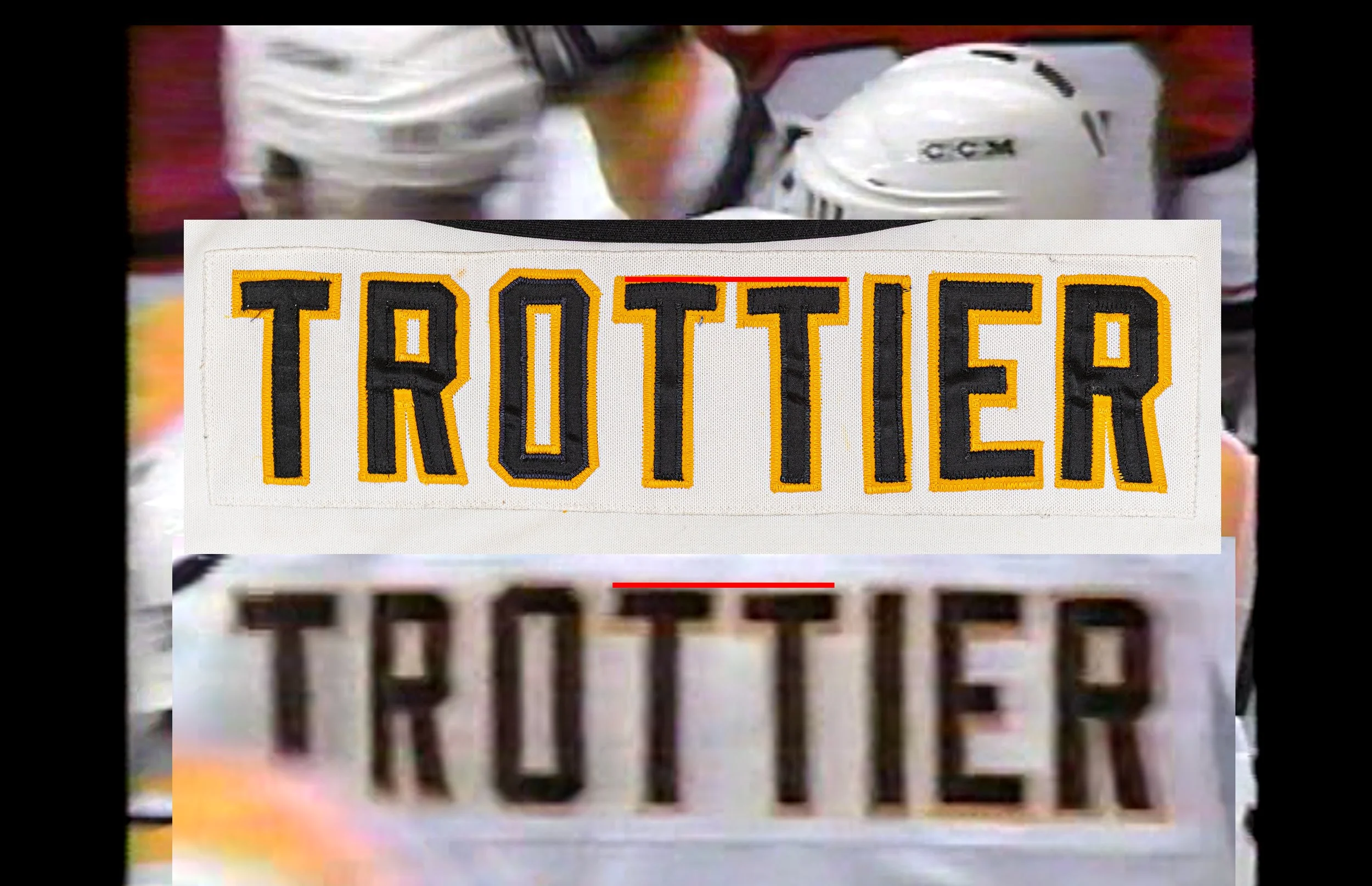 One of the most obvious ways to match this jersey is by the uneven placement of the T's. This is from Trottier's 2-goal/1-assist game vs the Flyers on Nov 16th.