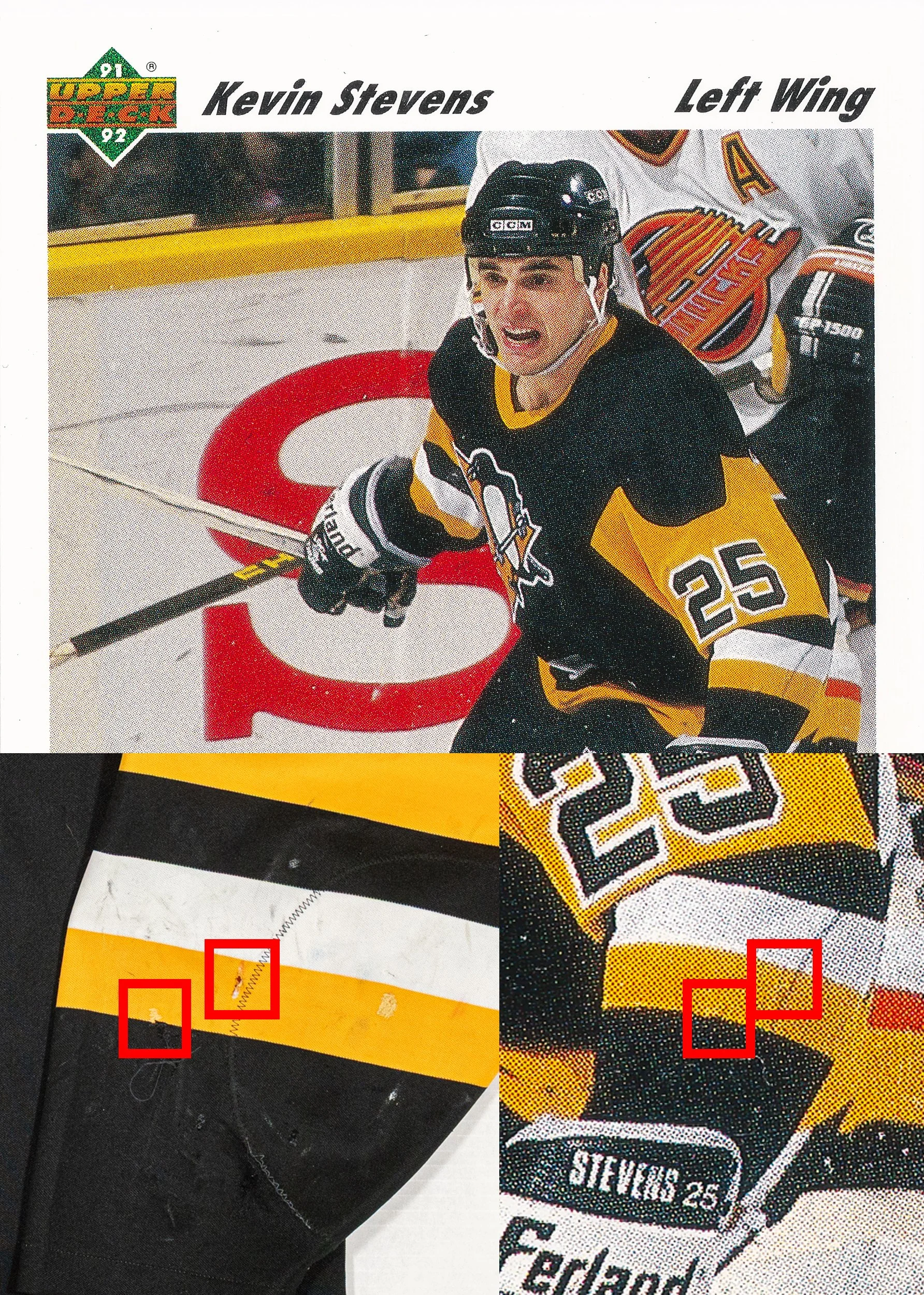 A mark and a repair on the left arm can be seen in this match.