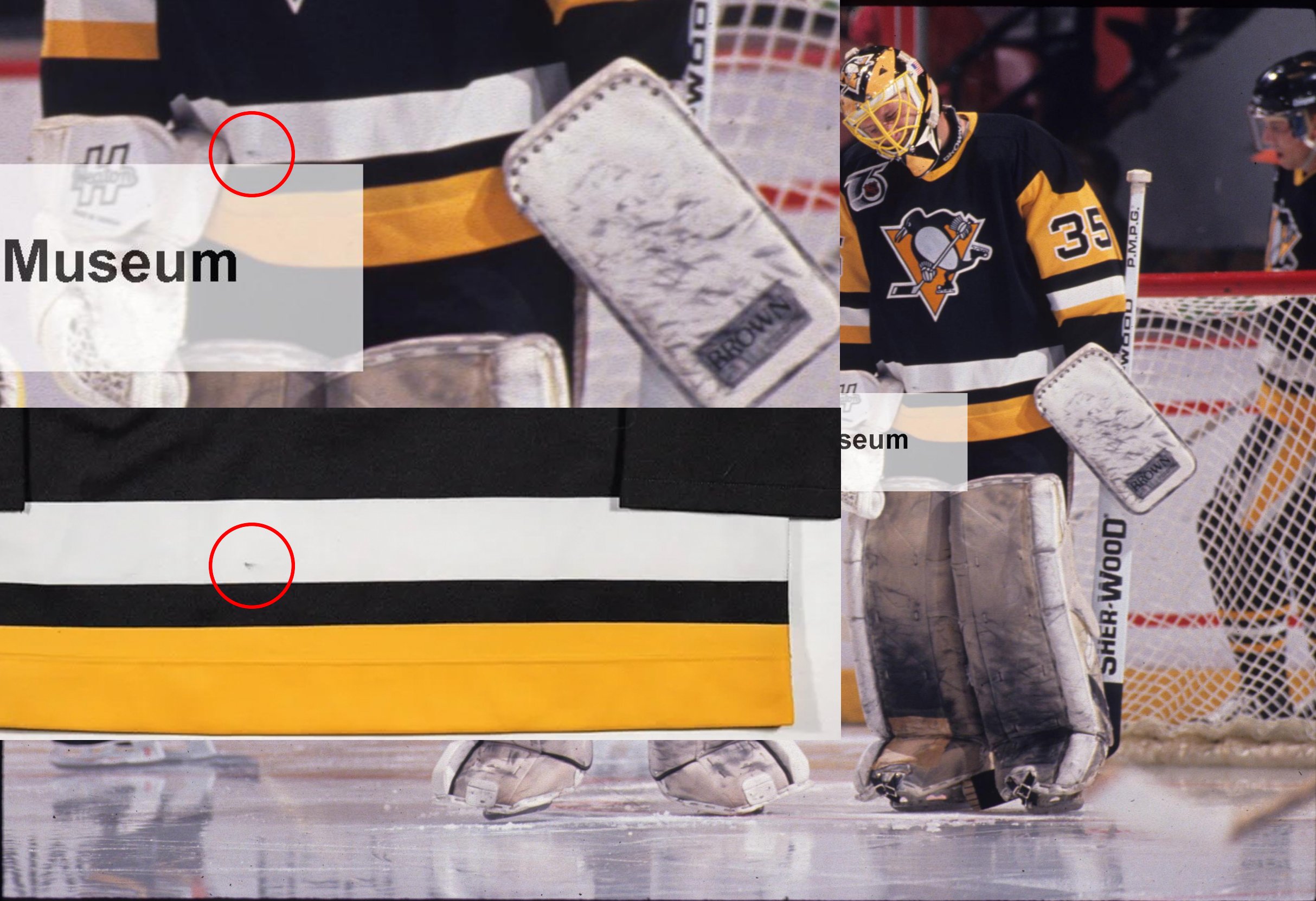 A puck or stick mark on the front white stripe matches perfectly.