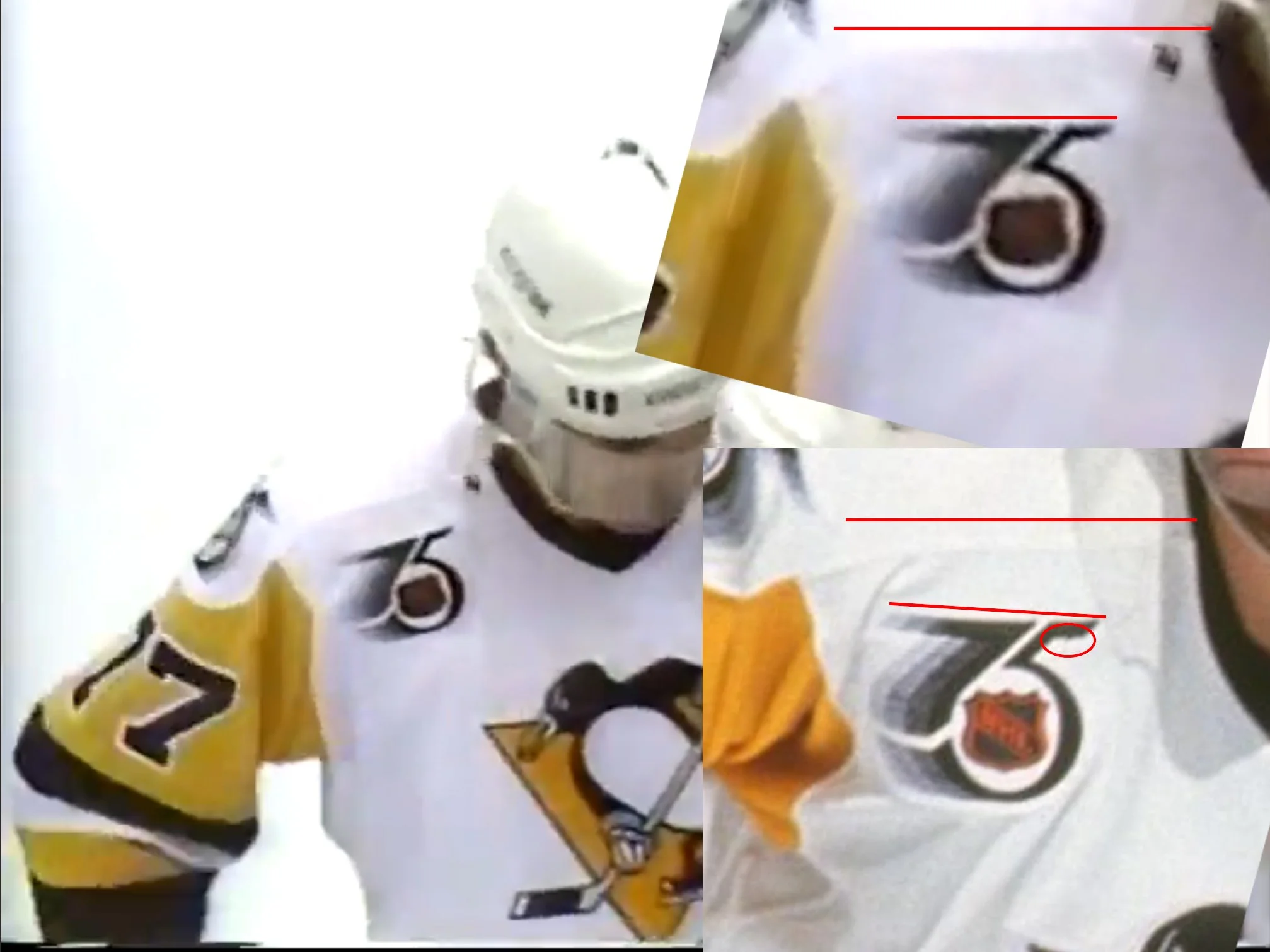 Coffey wore two jerseys during the first half of the season, and you can see how the second jersey's 75 patch does not match the positioning in relationship to the shoulder yoke. There is also a tuft of black thread that is not present, further elimi