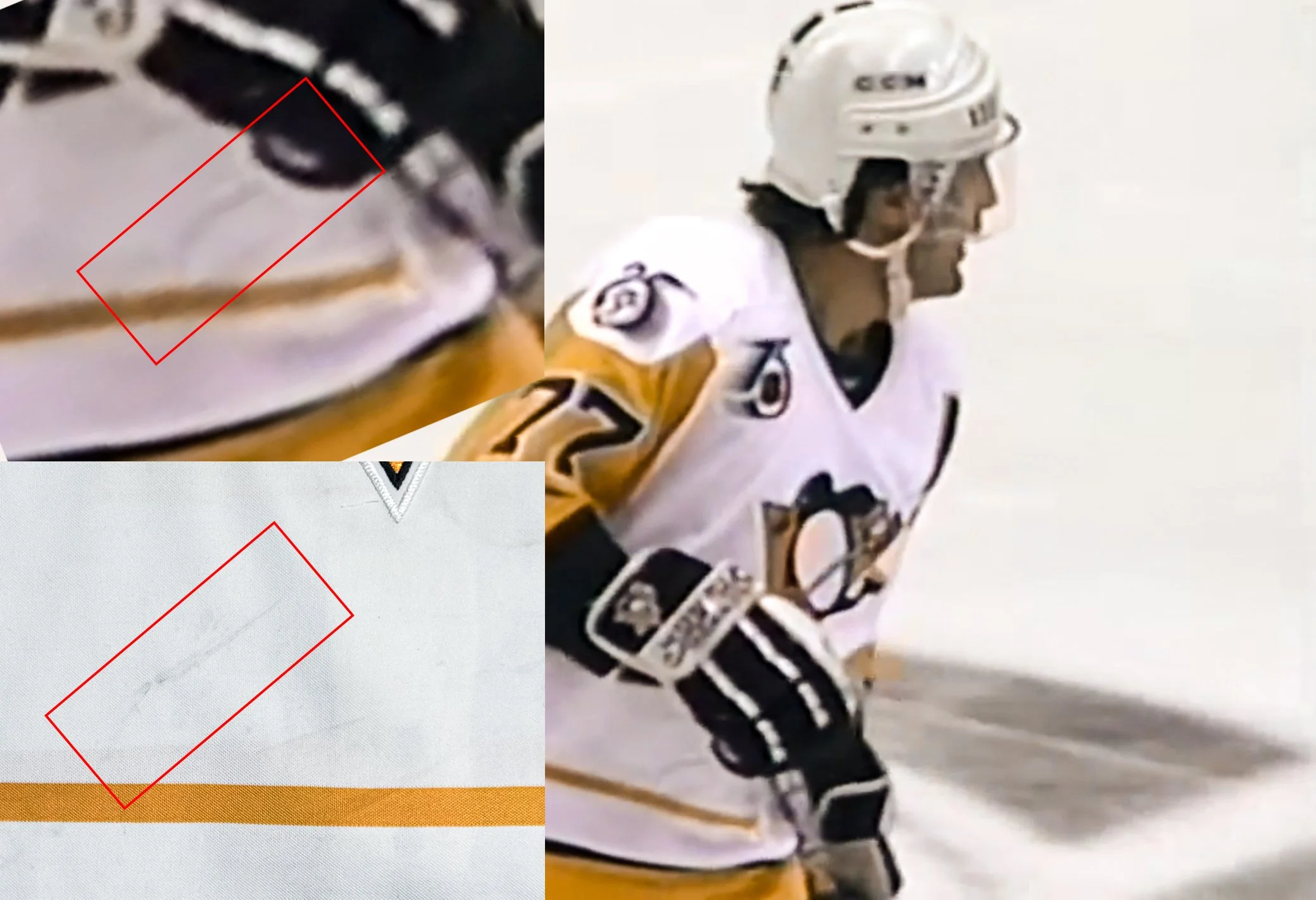From Dec. 17th vs San Jose, a large diagonal stick mark can be seen in two different clips.