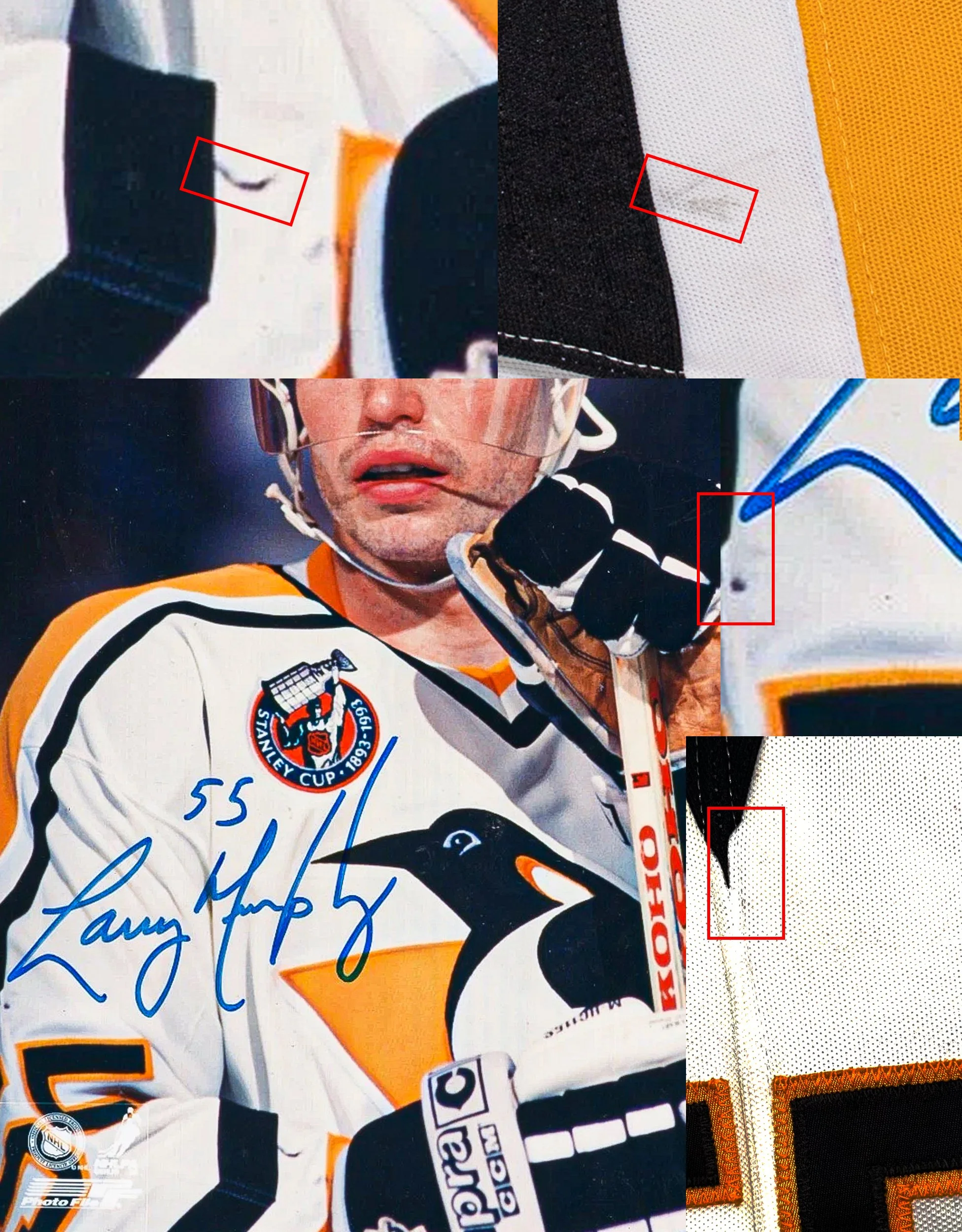 A mark on the white stripe of the right cuff and a dot below the unique sewing of the black shoulder stripe line up in this match.