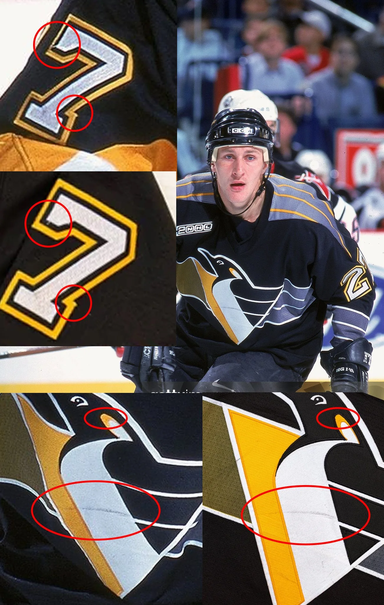 Loose threads on the left arm 7, and a large stick mark on the crest make for an easy photo match!