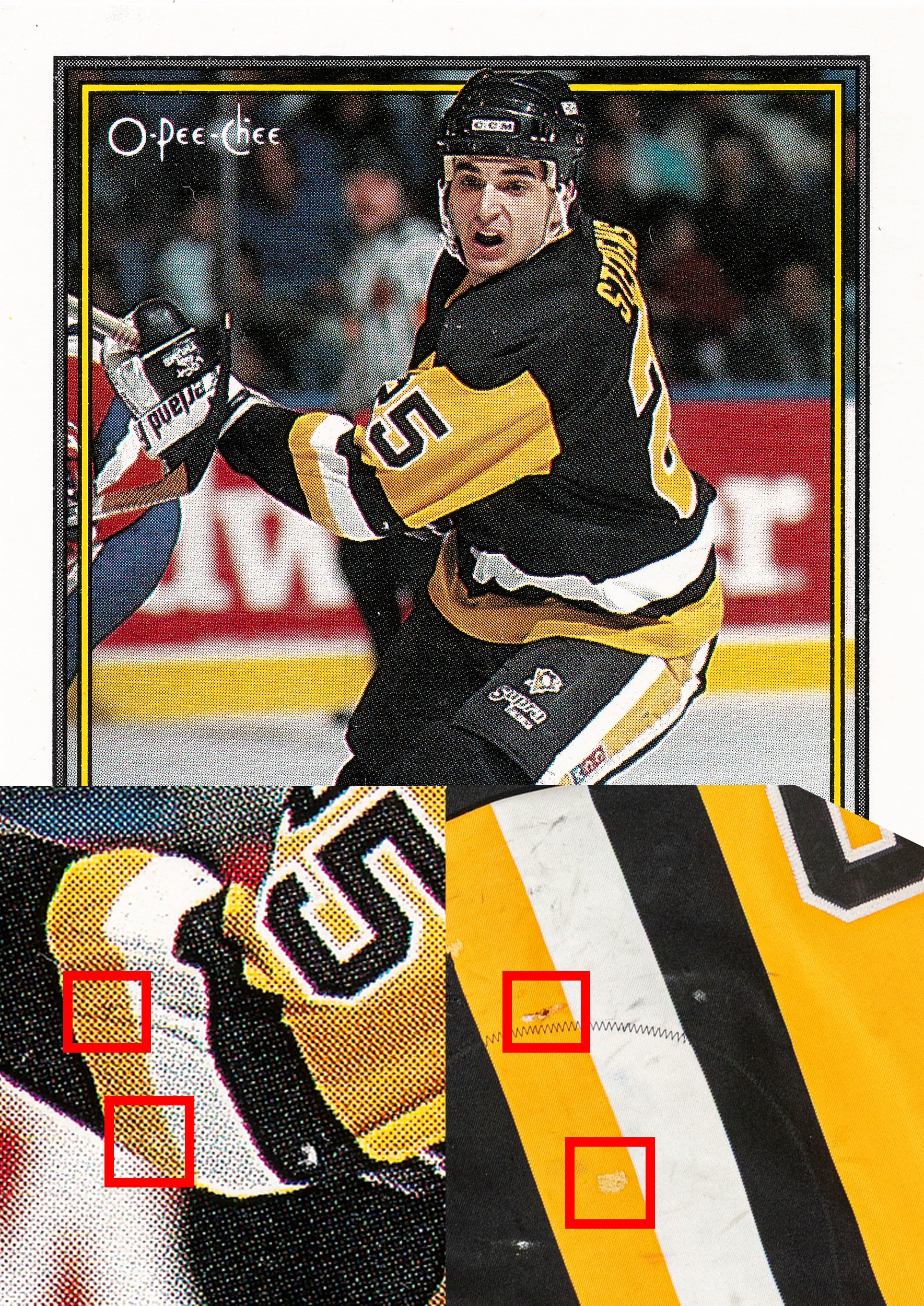 A mark above the elbow reinforcement as well as a repair on the yellow stripe can be seen on this card.