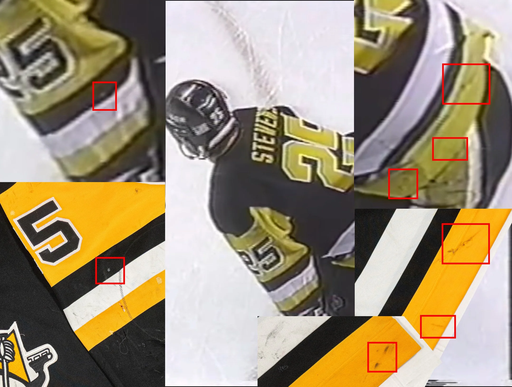 A hole on the black stripe and several marks on the back hem