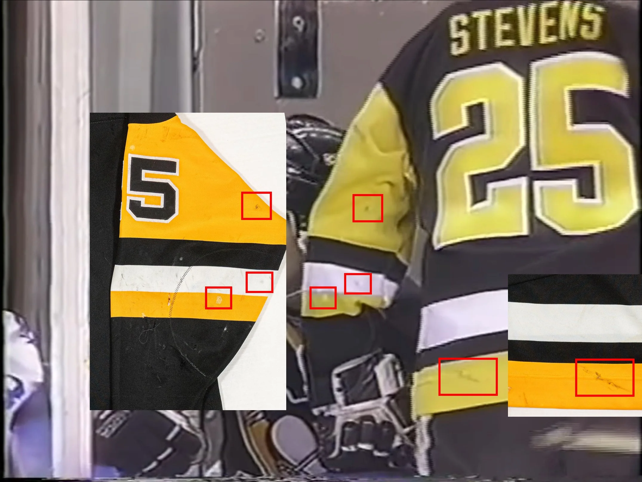 From a 1991 game vs the Nordiques, several marks on the arm and back hem can be seen.