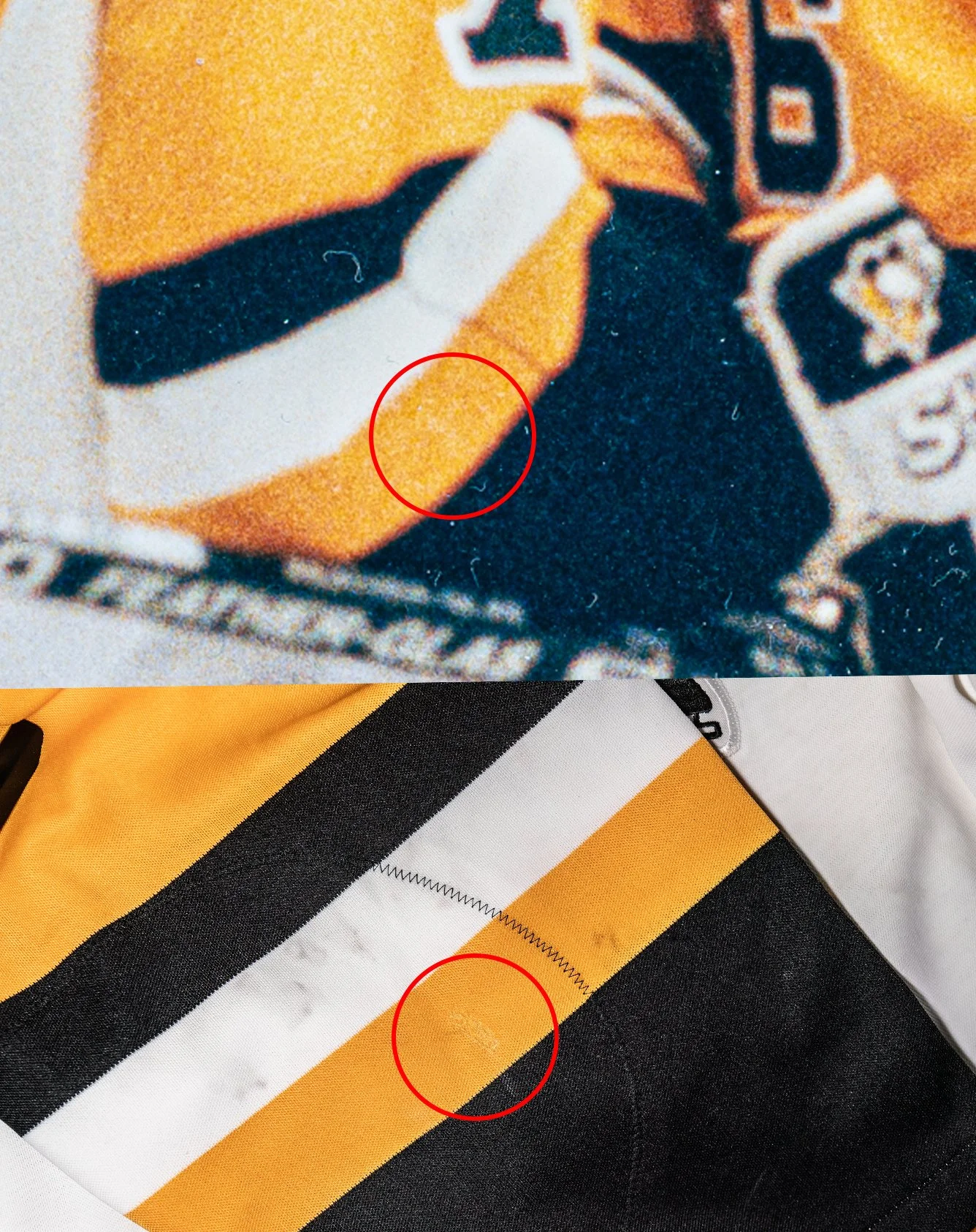 As Coffey and Lemieux celebrate a goal, a matching repair can be seen on his right elbow
