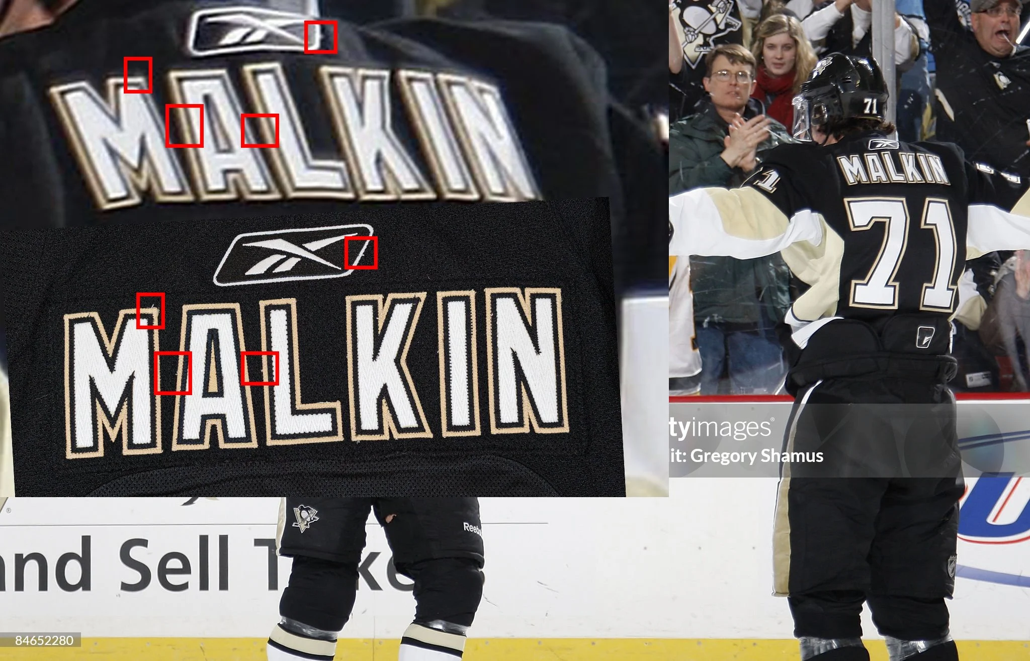 Sewing anomalies match in four different places on this shot of Malkin celebrating.