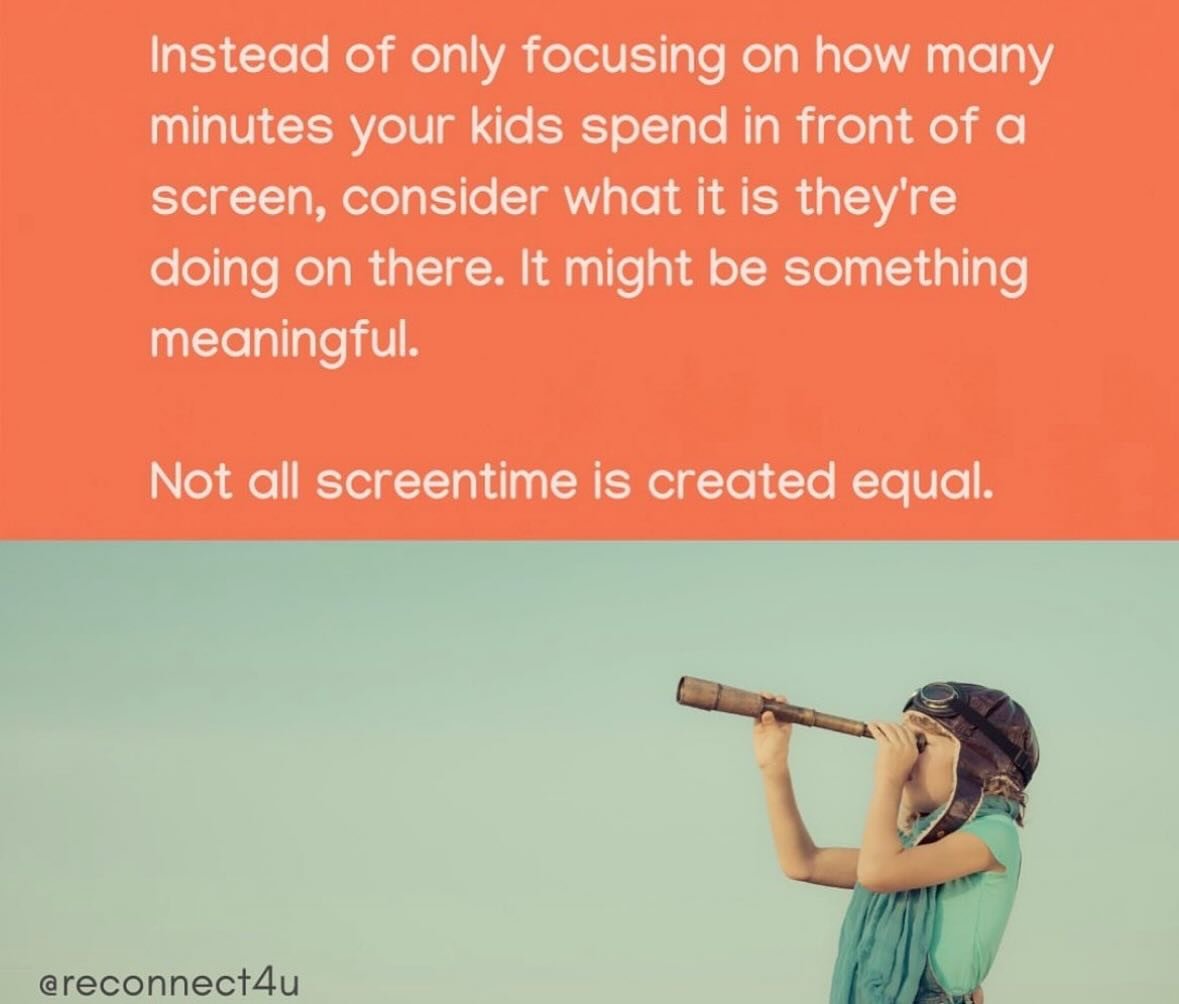 Not all screen time is equal. Not all screen time will harm your child. Consider the quality of what your child is interacting with and let that guide how long they spend on it. 
.
.
.
#consciousparenting #digitalwellness #kidsandscreens #screentime 