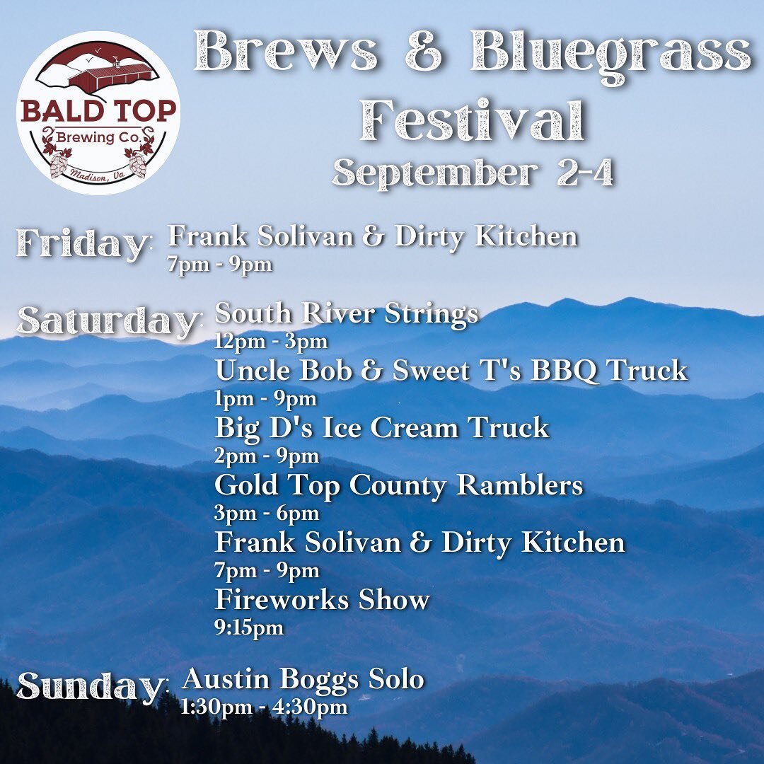 Happy Friday! We&rsquo;re so excited for our Brews &amp; Bluegrass weekend! As a reminder, there is no entry fee to the brewery this entire weekend! We&rsquo;ll see you soon🍻
&bull;
&bull;
&bull;
#baldtop #baldtopbrewing #baldtopbrewingco #drinkinth