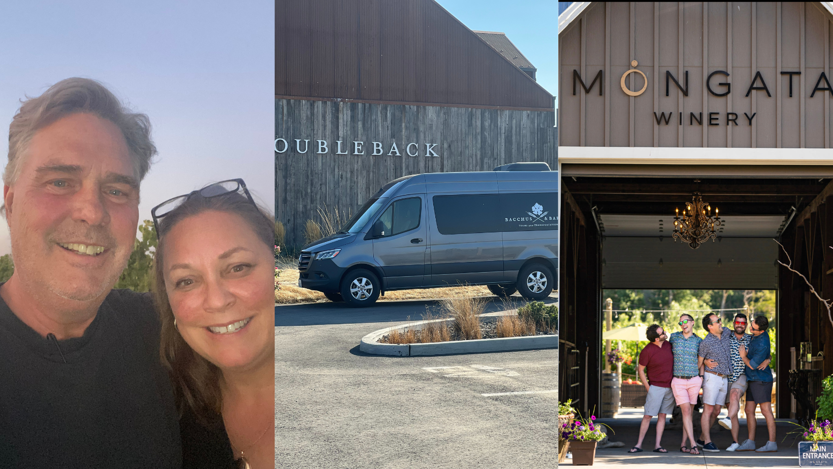Collage of two men and a woman smiling outdoors, a winery building with a van parked outside, and a group of five men standing inside a barn-like structure, all enjoying a sunny day.