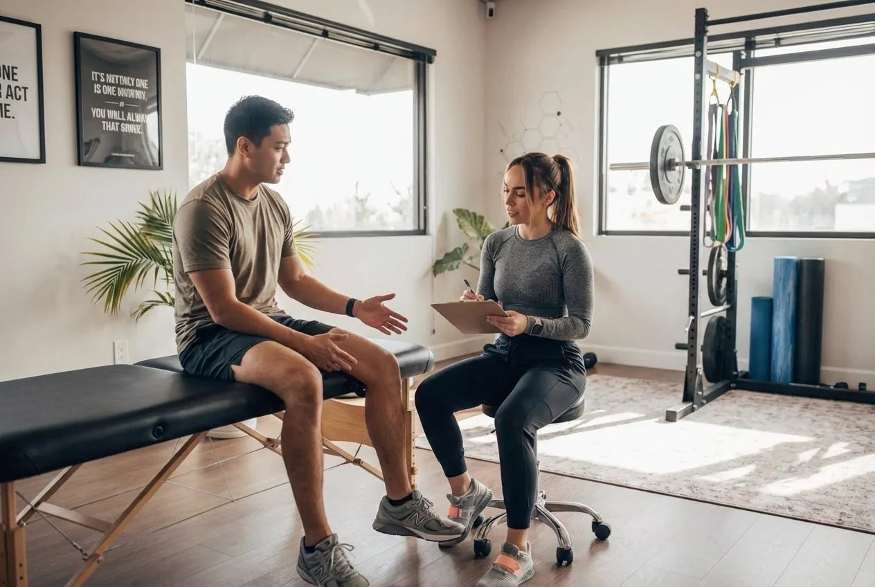 Patient working with a physical therapist at a performance physical therapy clinic in Pasadena during an initial consultation