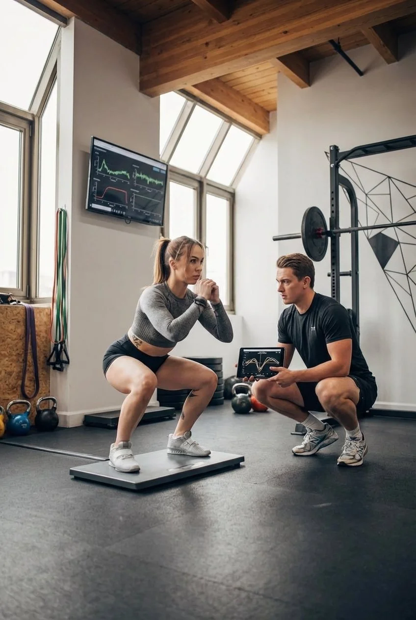 Athlete performing functional movement assessment with physical therapist at performance therapy clinic in Pasadena