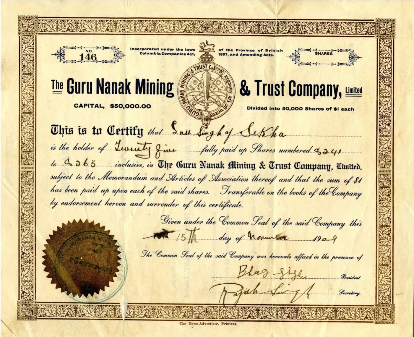 Historical stock certificate from The Guru Nanak Mining & Trust Company Limited, issued to S. Singha for twenty-five shares, signed on November 15th, 1929, with a gold seal and decorative border.