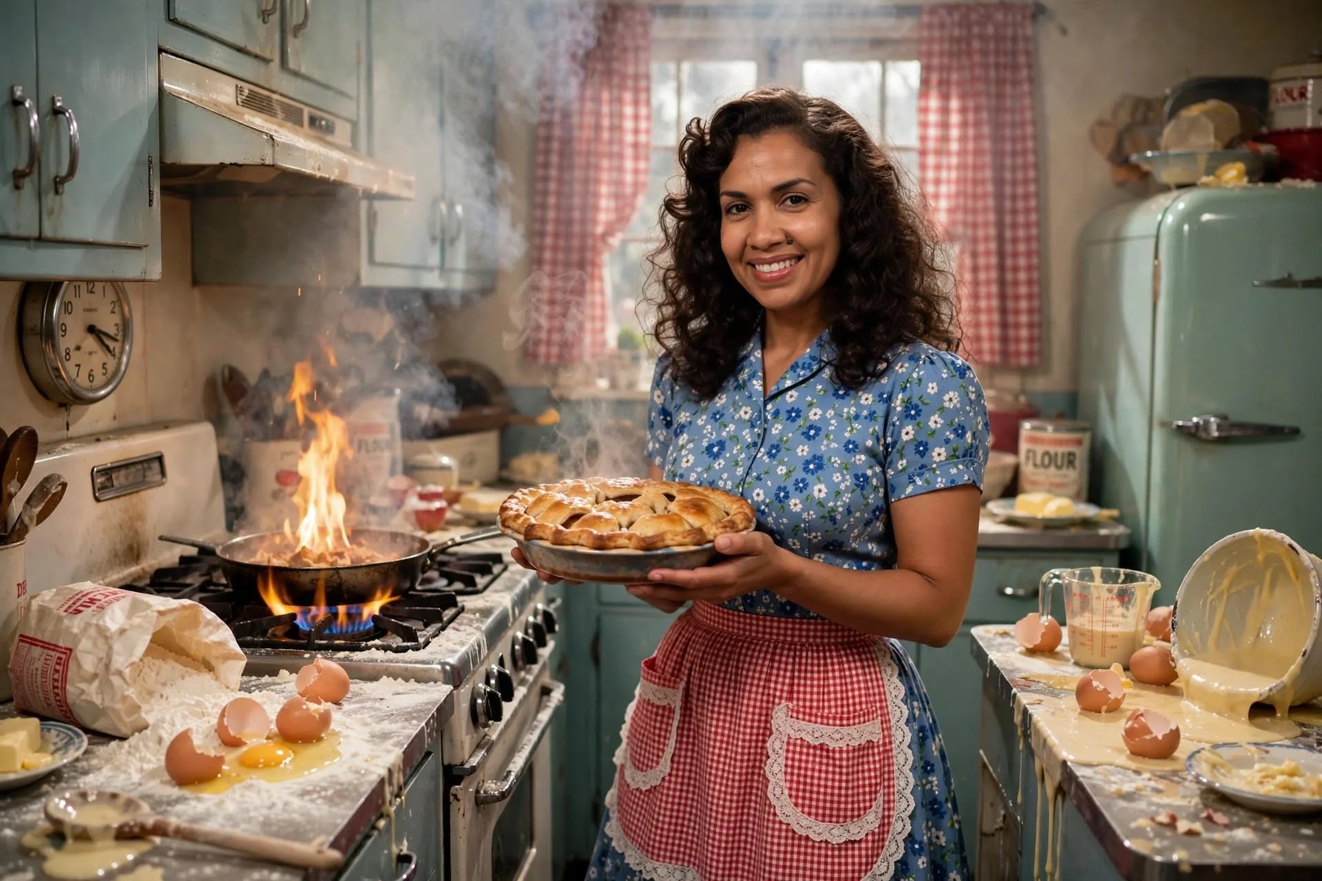Woman holding a perfect apple pie in a 1950s kitchen. She's brown-skinned with brown hair and brown eyes. She's wearing a classic blue dress and red apron. But the kitchen behind her is in shambles. Batter has fallen everywhere, the stove's on fire.