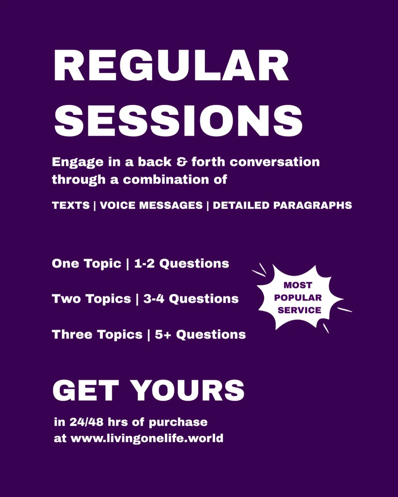 REGULAR SESSIONS 📲

let&rsquo;s engage in a conversation through texts to help you navigate a situation you are dealing with 

IT&rsquo;S OUR MOST POPULAR SERVICE 💜

available for purchase through our website linked in bio