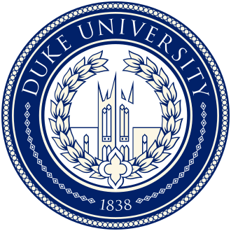 Duke University seal with a blue background, featuring a wreath, cathedral, and the year 1838.