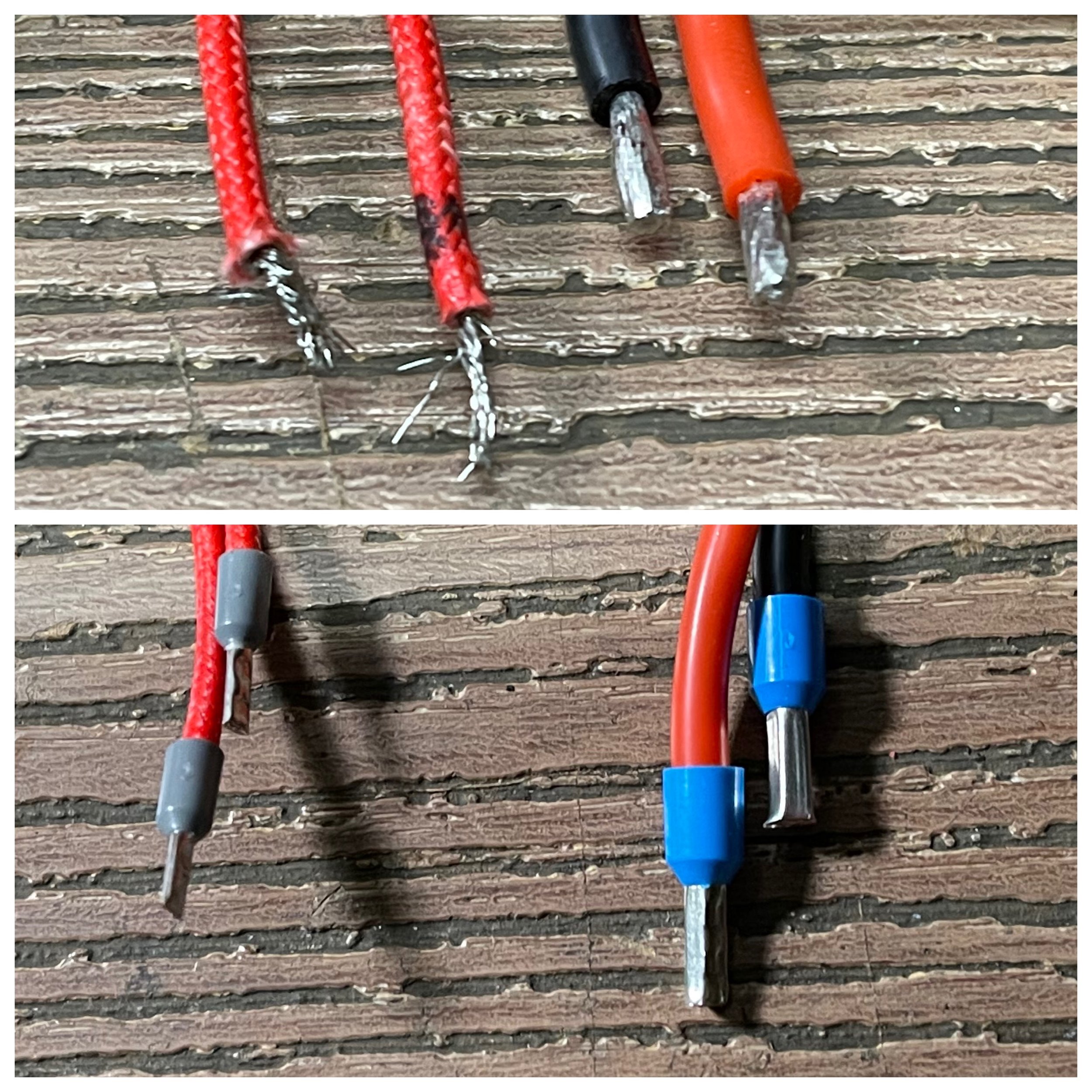 We regularly see bare wires on even new printers, this is generally "ok" but it's a shop standard to always use crimped ferrules to secure stray wire strands that might short.