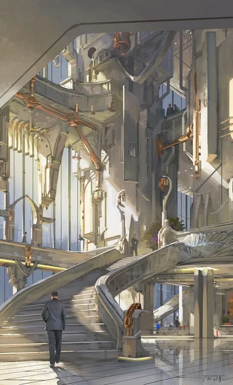 Futuristic cityscape with tall, modern buildings, sleek stairs, and people walking.