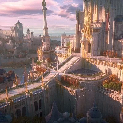 A fantasy castle with tall spires, bridges, and statues under a pink and purple sunset sky.