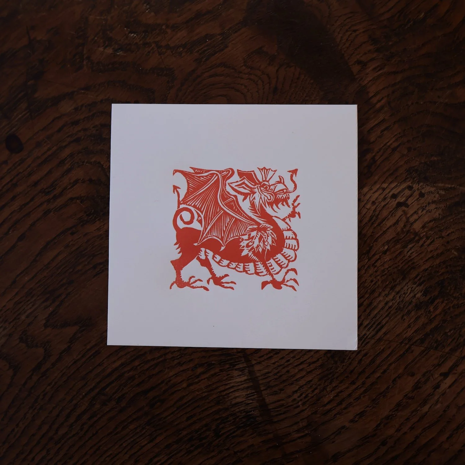 Ddraig fach (red) - Little Dragon - Wood engraving Richard Studer