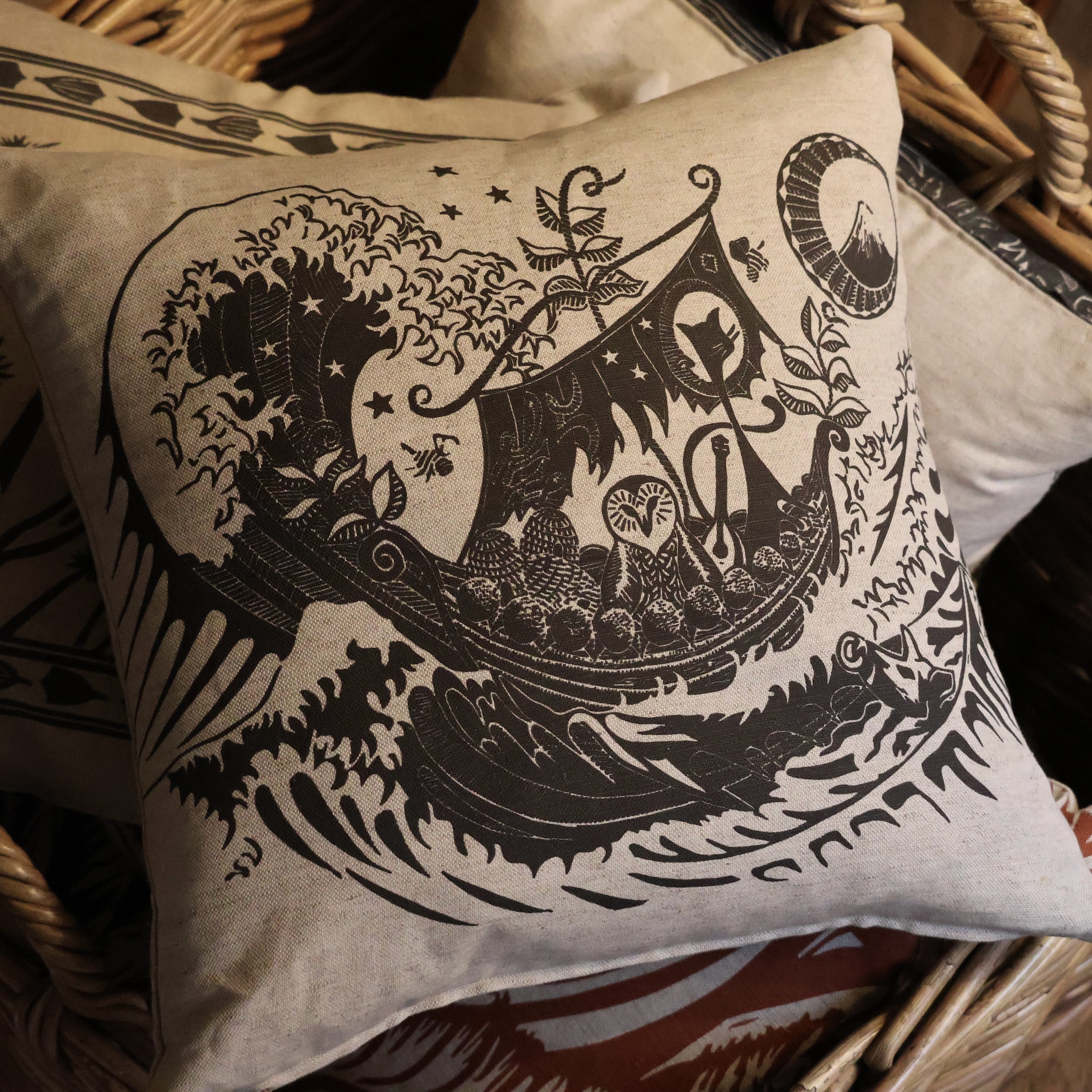 The Owl & the Pussycat- Cushion based on an original Linocut design