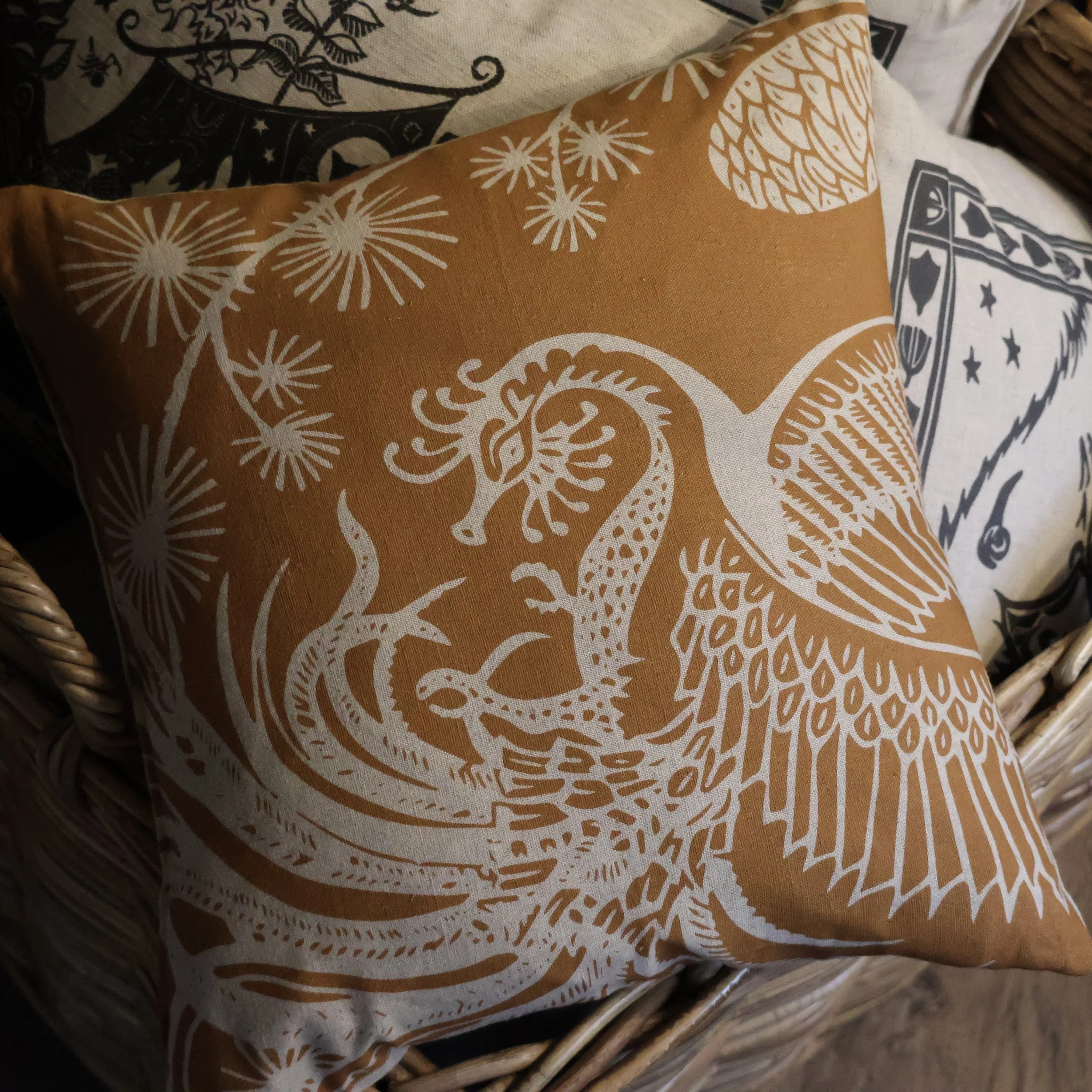 The Quizzicock (ochre) - Cushion based on an original Linocut design